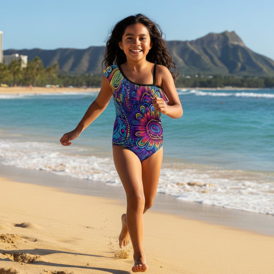 Girls Ruffled Island Tribal Pattern Swimsuit
