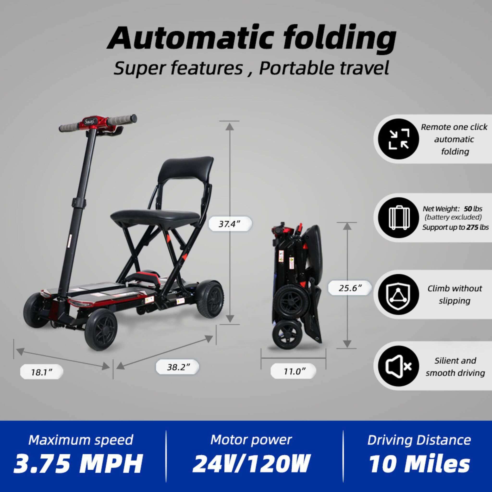 Ultra Lightweight 4-Wheel Folding Mobility Scooter With Remote