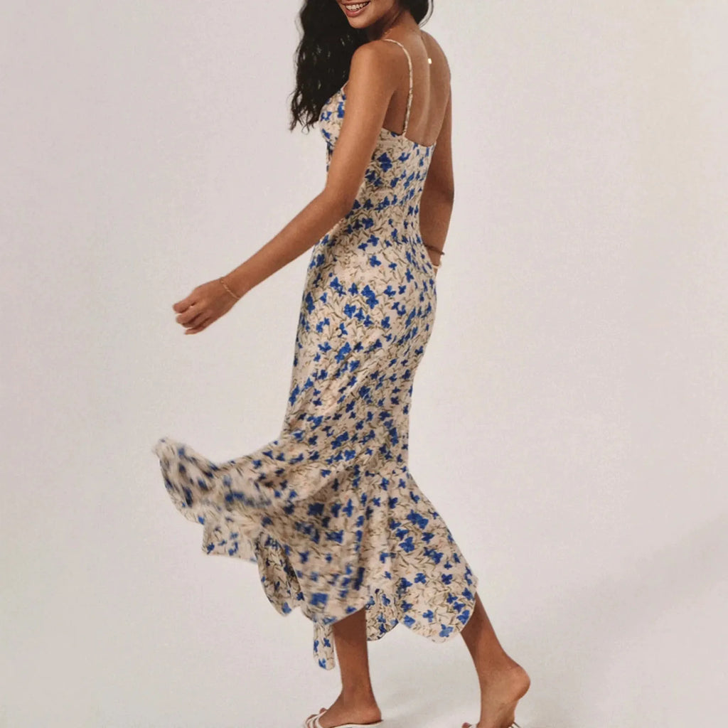 Women's Floral Print Drawstring Ruched Mermaid Hem Midi Dress
