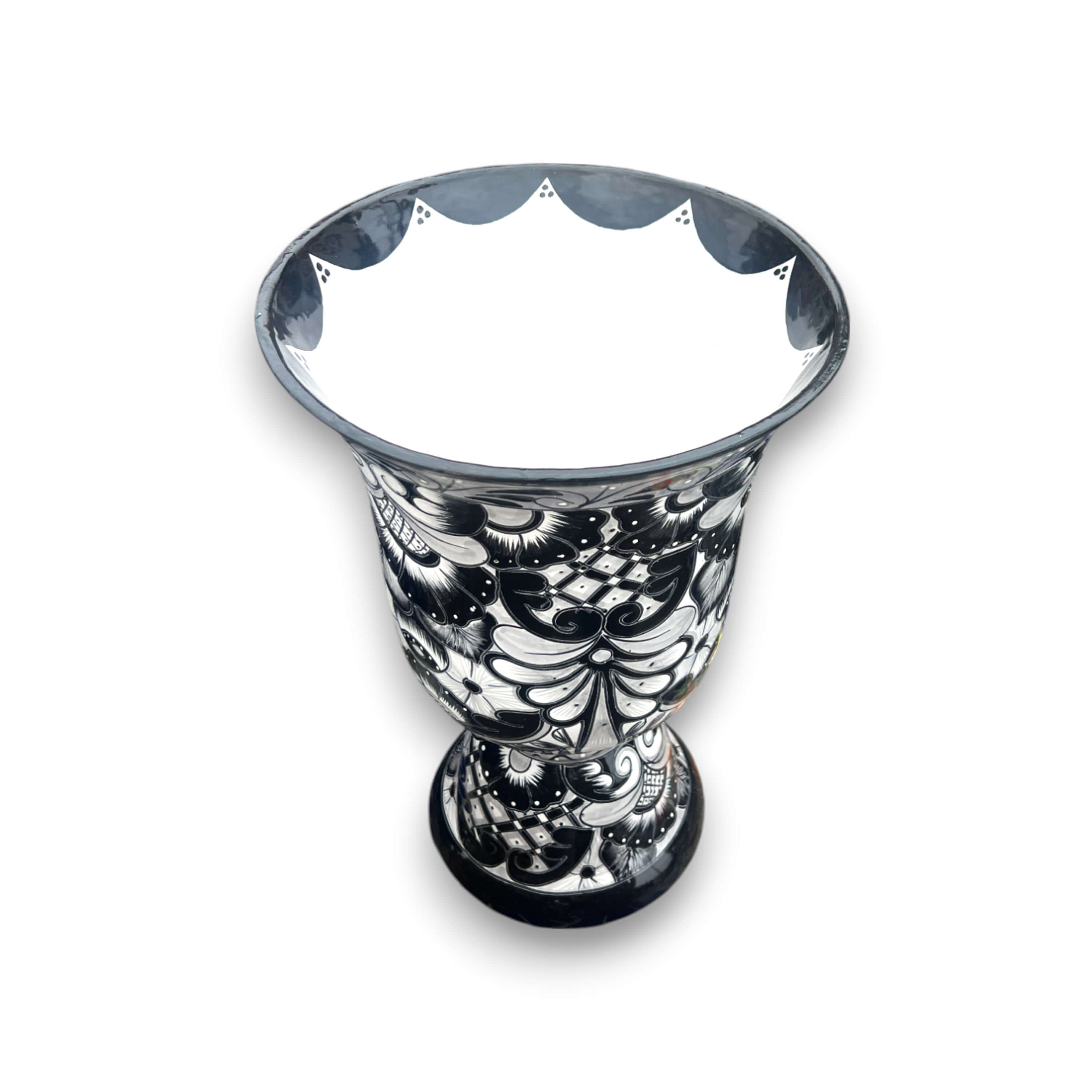 XL Black Talavera Planter | Hand-Painted Pedestal Flower Pot